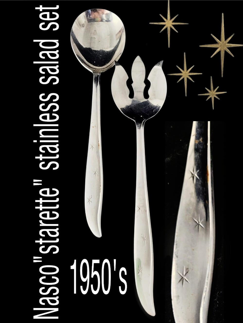 1950s Vintage Nasco Starette Stainless Salad Serving Set -atomic Starburst